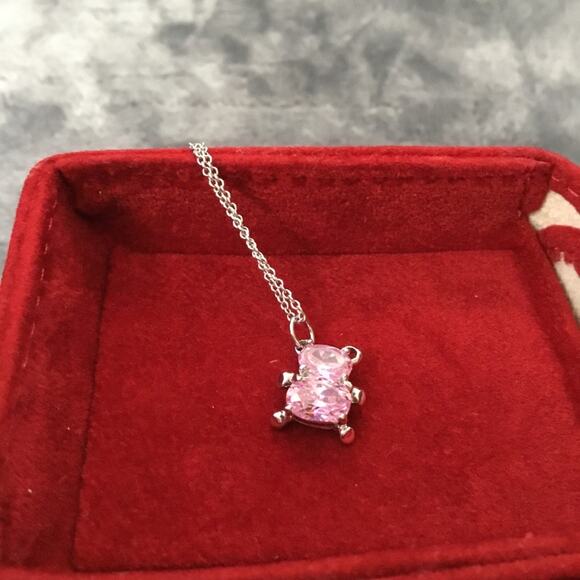 Sterling Silver Pink Crystal Teddy Bear Necklace - Picture 6 of 7